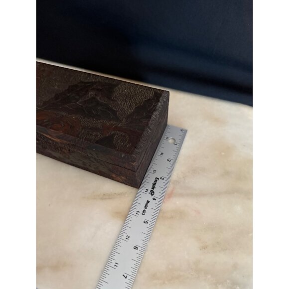 Antique Handcrafted Wooden Jewelry Box With Etching of Woman Satin Lining & Carv - Picture 8 of 9